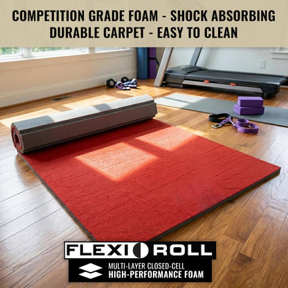 Dollamur 5'x10'x1-3/8" Gymnastics Mat, Red, Carpeted Mat for Tumbling and Cheerleading, FLEXI-Roll®