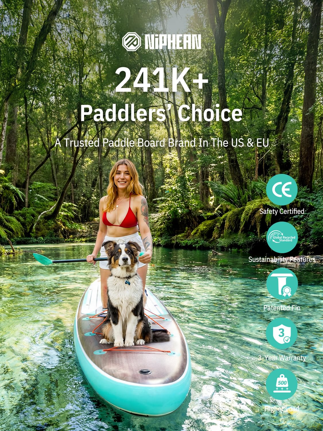 Niphean (Extra Large) Inflatable Paddle Board, SUP for 2+1 People/Family 500lbs Capacity Stand Up Paddle Board with SUP Accessories, StabilTrac Fin Non-Slip Paddleboard for Adults-Light Green