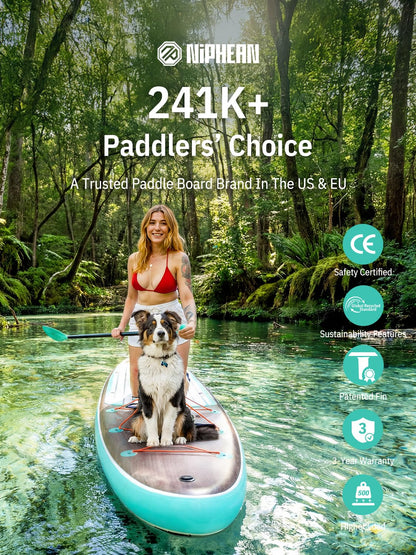 Niphean (Extra Large) Inflatable Paddle Board, SUP for 2+1 People/Family 500lbs Capacity Stand Up Paddle Board with SUP Accessories, StabilTrac Fin Non-Slip Paddleboard for Adults-Light Green