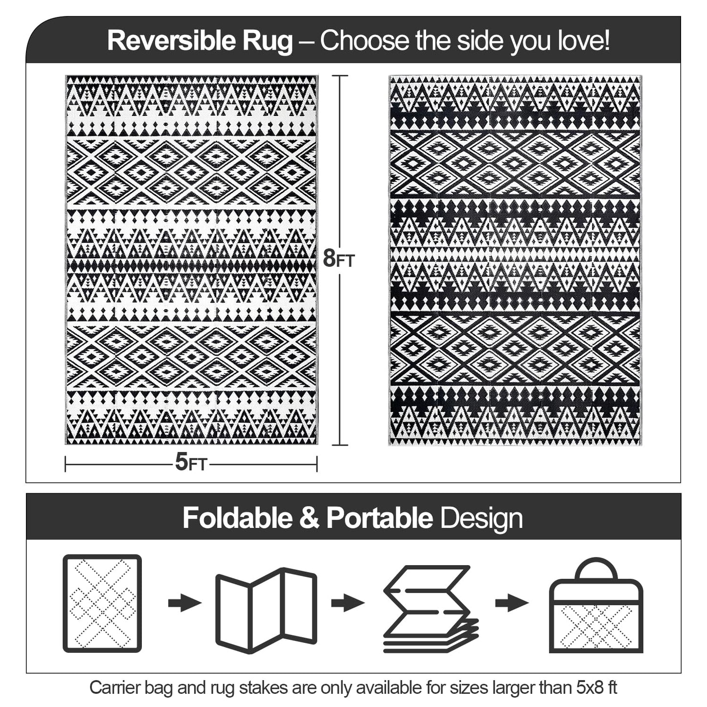 Waterproof Outdoor Rug 5x8ft, Bohemia Reversible Plastic Straw Mat for Patio RV Deck Porch Backyard Balcony Camping Picnic Beach Indoor Outdoor Carpet, Black&White