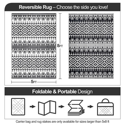Waterproof Outdoor Rug 5x8ft, Bohemia Reversible Plastic Straw Mat for Patio RV Deck Porch Backyard Balcony Camping Picnic Beach Indoor Outdoor Carpet, Black&White