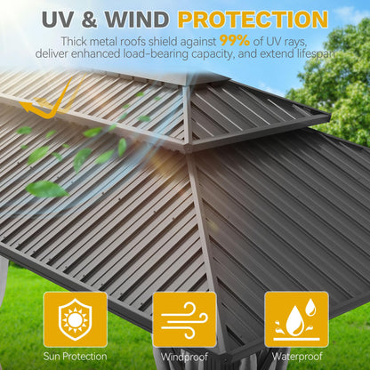 DWVO 12x18ft Gazebo Double Roof Hardtop with Nettings and Curtains, Heavy Duty Galvanized Steel Outdoor Vertical Stripes Roof for Patio, Backyard, Deck, Lawns, Brown