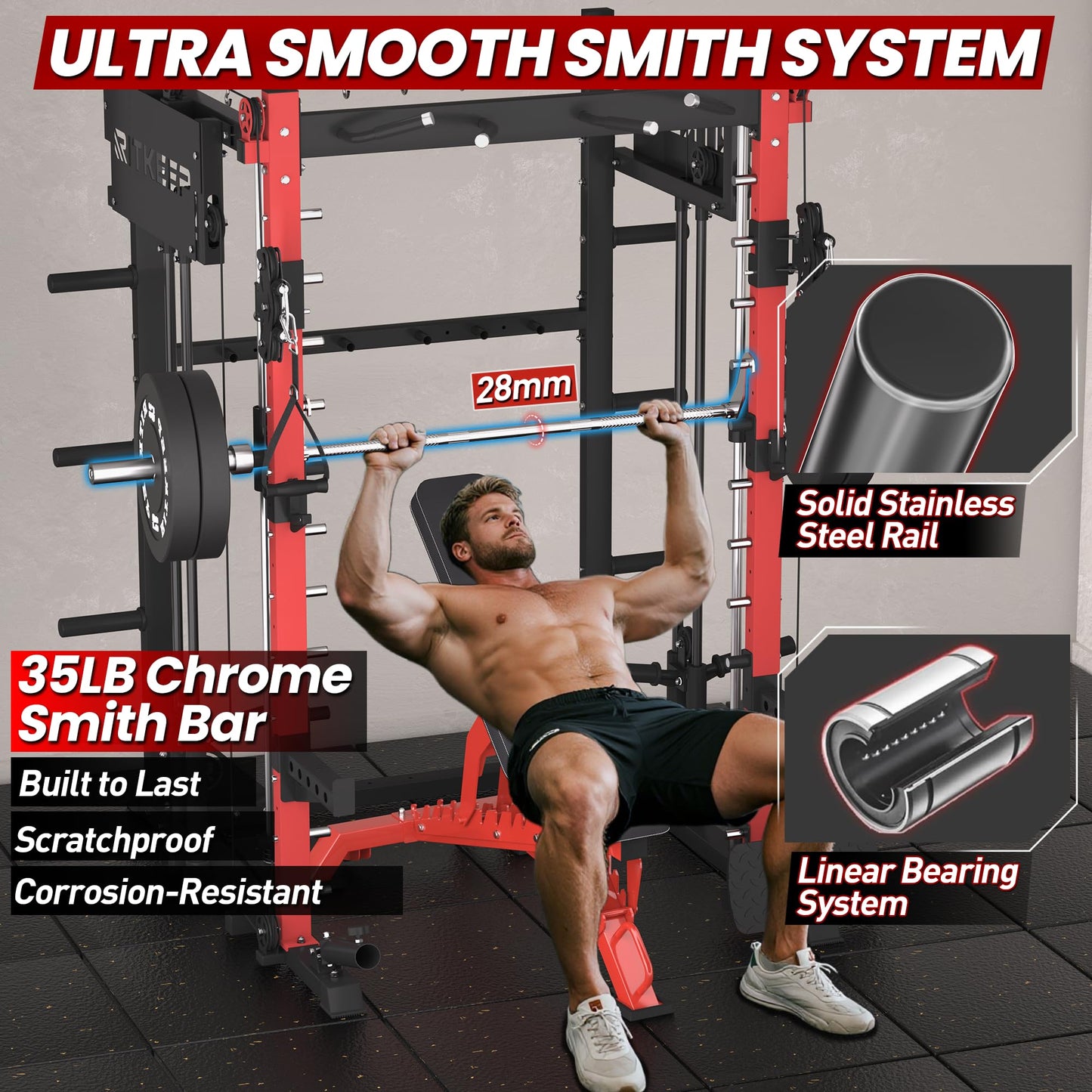 RitKeep PMAX-4750 Smith Machine with Jammer Arms and Leg Press Board, Adjustable 1:1 and 2:1 Pulley Ratios, 1800 LB Capacity,Multi-Function Commercial and Home Gym Equipment for Strength Training