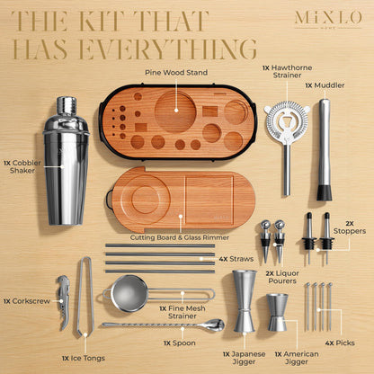 MIXLO HOME Mixology Bartender Kit - 22Pcs Bar Set Cocktail Shaker Set w Brown Bar Cart Accessories Stand - Shakers Bartending Silver Tools, 24oz Shaker, 17 Recipe Cards, Martini Barware