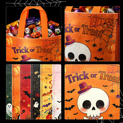 24Pcs Halloween Non-Woven Trick or Treat Candy Bags, Small 8.3×8.7 Inch Reusable Treat Gift Totes with Sturdy Handles, Cute Ghost Pumpkin Skeleton Witch Haunted House Prints for Kids Halloween Party Favor Supplies