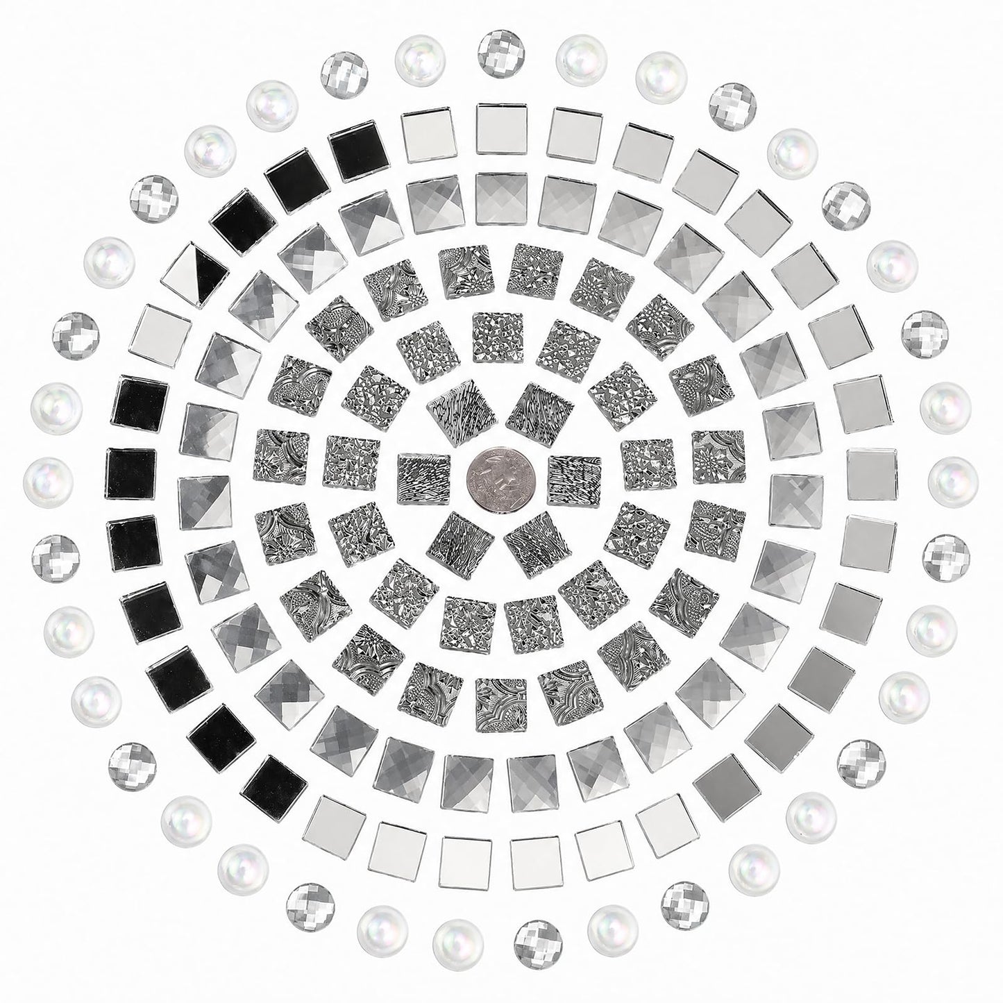 CHICSHIS 1000g Real Mirror Glass Mosaic Tiles for DIY, Silver Textured Square Tiles (15mm) with Iridescent Glass Gems, Mixed Shapes Stained Glass Set for Mosaic Art & Home Décor Projects