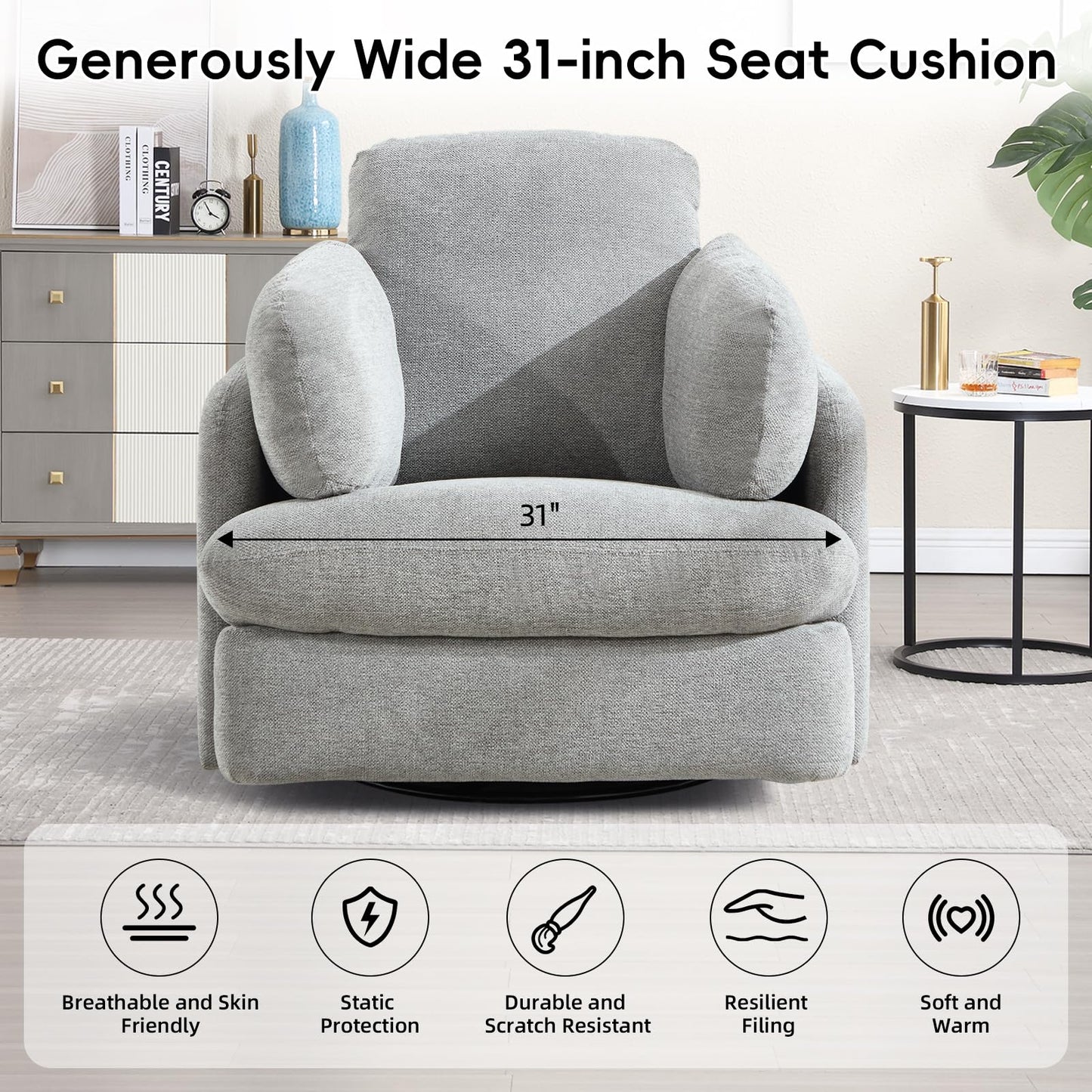 Bonzy Home Manual Recliner Chair, 360°Swivel Rocker Recliner Chair for Adults, Overstuffed Nursery Rocking Reclining Sofa with 2 Pillows and Hidden Storage, Light Grey