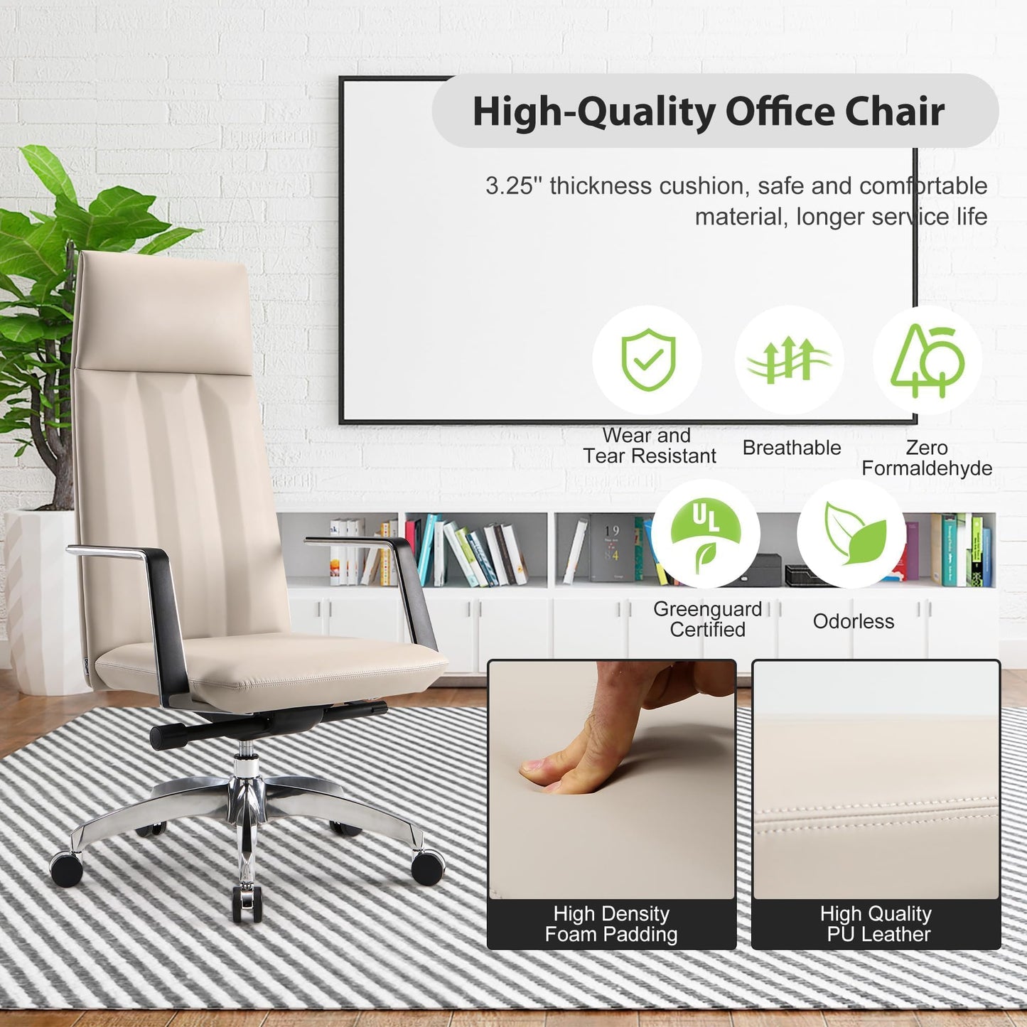 Ergonomic High Back Office Chair, Big and Tall Office Desk Chairs with Adjustable Height and Tilt Angle, Mid Century Modern Computer Desk Chair, Leather Executive Chair for Home Office(Khaki)