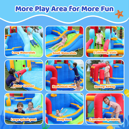 ELEMARA Inflatable Water Slide Bounce House, 10 in 1 Inflatable Water Park with Blower, 2 Slides & 2 Climbing Walls & 2 Water Guns, Deep Pool Giant Splash Pool, Water Slides for Kids Backyard for 6