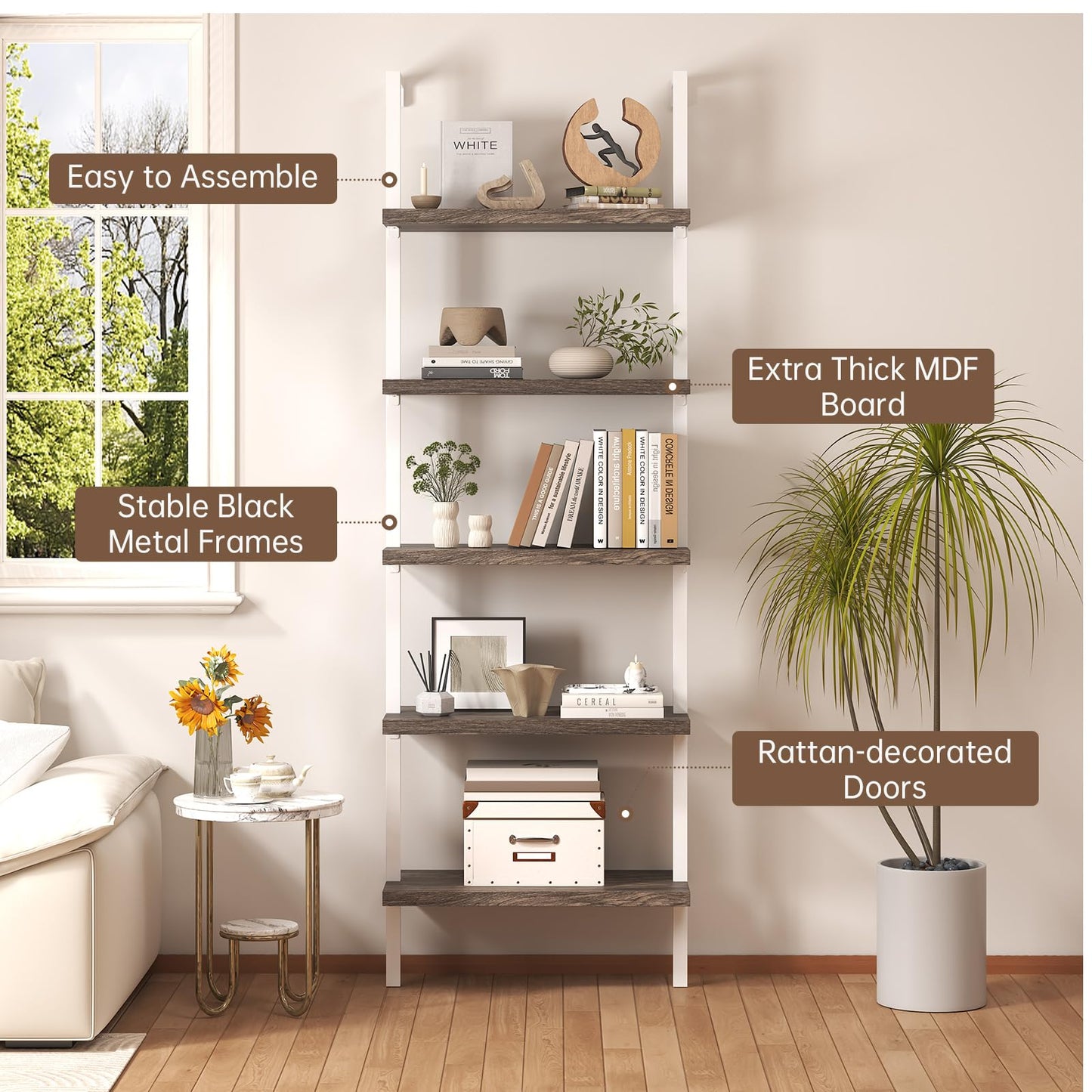 Airynee Ladder Bookshelf, 5 Tier Book Shelf, Wall Mount Bookshelves and Bookcases with Metal Frame, Anti Dump, Tall Bookcase for Living Room, Home Office, Bedroom Gray 3pcs