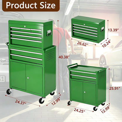 Heavy Duty 8 Drawer Tool Chest, Rolling Tool Box Cabinet on Wheels, 2-in-1 Detachable Metal Tool Storage Organizer for Garage and Workshop, Locking Steel Tool Cart with Portable Top Tool Box, Green