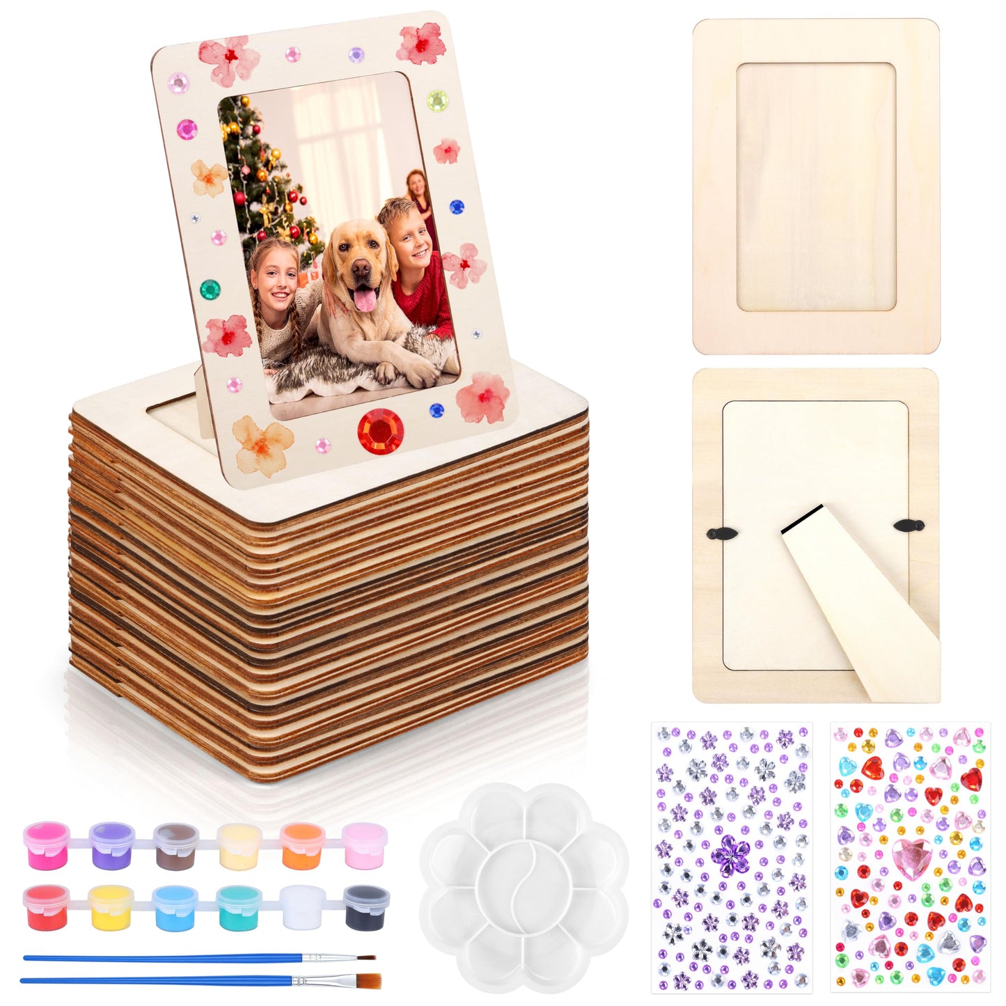 Fovths 10 Pcs Wooden Picture Frames for Crafts, 4 x 6 Inch DIY Wood Frames with Gem Stickers Acrylic Paint Brushes Palette, Unfinished Wood Photo Frame for DIY Painting Arts Projects Decorate