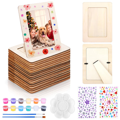 Fovths 10 Pcs Wooden Picture Frames for Crafts, 4 x 6 Inch DIY Wood Frames with Gem Stickers Acrylic Paint Brushes Palette, Unfinished Wood Photo Frame for DIY Painting Arts Projects Decorate