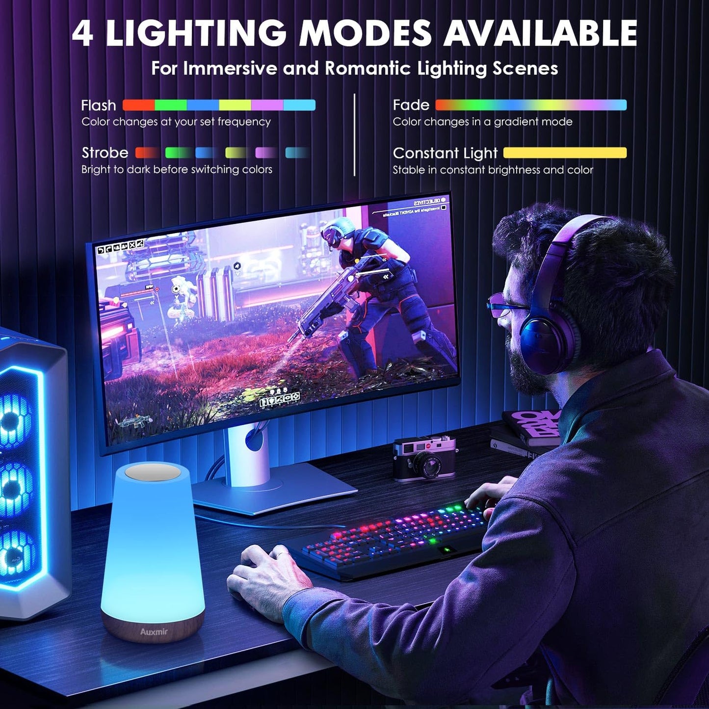 Auxmir LED Night Light Bedside Lamp Touch and Remote Control Dimmable Tabletop 13 RGB Colors Changing 5 Brightness Adjustable Rechargeable Portable Lamp for Baby Kids Nursery Bedroom Bathroom Camping
