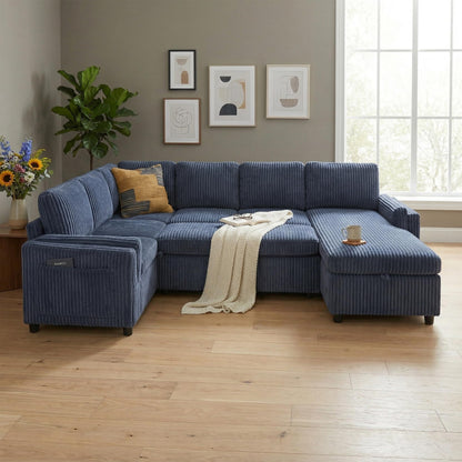 Merax Modern 111 Inch U-Shaped Convertible Sofa with USB Ports and Storage, Corduroy 6-Seat Sectional Pull Out Sleeper Sofa Bed with Chaise Lounge, Couch Set for Living Room, Blue