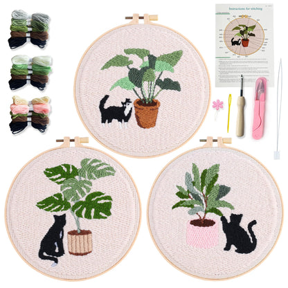 Myfelicity Punch Needle Kit for Adults, Beginners, Cat and Greenery Patterns, Includes Punching Needle Supplies