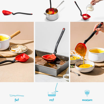 Dreamfarm Fladle Fold-Flat, Space-Saving Serving & Cooking Ladle Measures up to 1/2 Cup with Silicone Scraping Squeegee-Tip - 12" Red