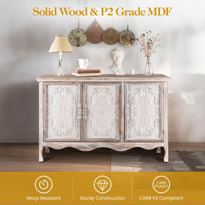 FansaFurn Accent Storage Cabinet with 3 Carved Doors and Shelves, Farmhouse Sideboard Buffet Sideboard with Storage, Wood Kitchen Cabinet for Living Room, Entryway, Dining Room and Kitchen, Wash Grey