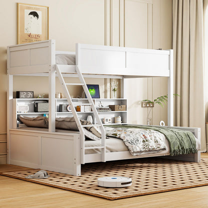 Bellemave Twin XL Over Queen Bunk Bed for Kids/Adults,Bunk Beds with Charging Station and Bookcase,Solid Wood Bunk Beds Twin XL Over Queen for Girls,Boys,Antique White