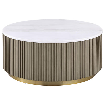 Coaster Home Furnishings - Jason - Wood and Metal - 3-Piece Coffee Table Set with Marble Tops, Reeded Drum Bases, and Gold Ring Accents - Living Room - Greige and White Marble - 711418-S3
