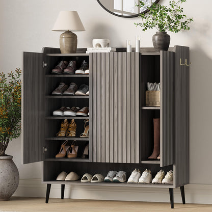 Garvee Large Shoe Cabinet with Doors, 3 Door Shoe Storage Cabinet with Adjustable Shelves & Hooks, 6 Tier Shoe Organizer Cabinet for Entryway, Hallway, Wooden Shoe Rack Cabinet for 30+ Pairs, Grey
