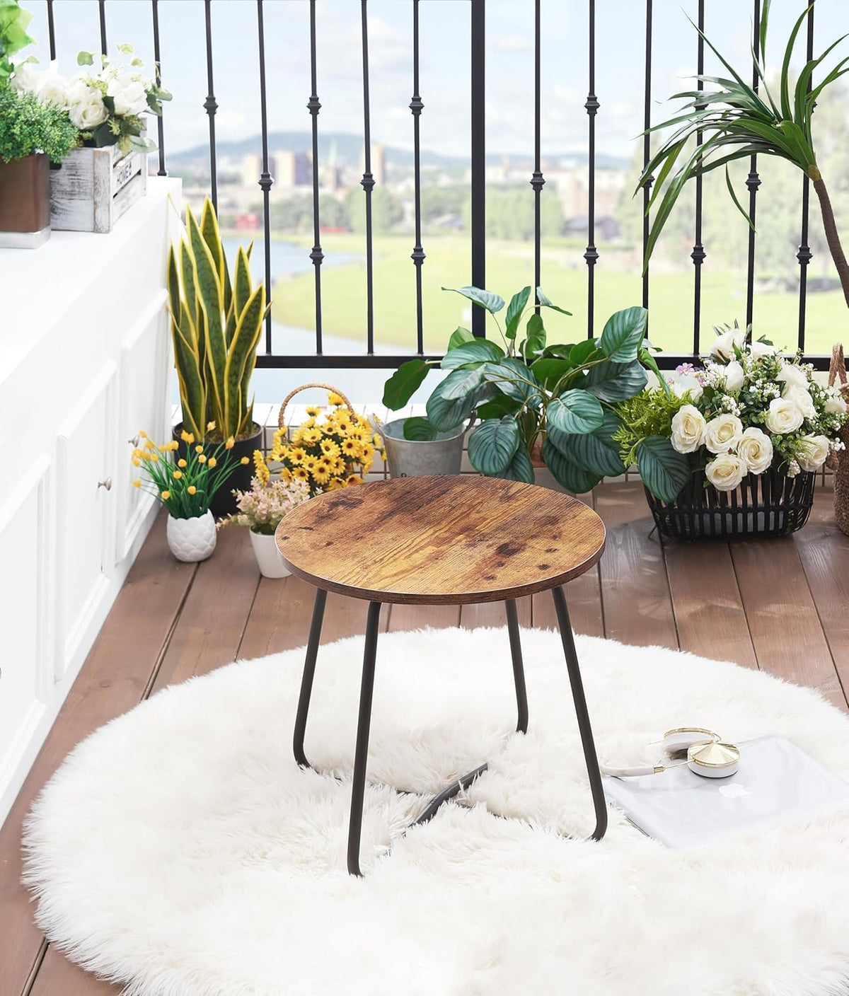 VECELO Small Round Metal Side Snack Table for Outdoor & Indoor Use - Anti-Rust Design