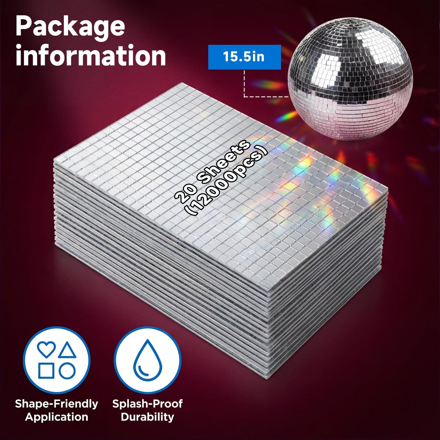 Yuanan 12000 PCS Disco Ball Mirror Tiles, 5×5 Mm Self Adhesive Mirror Mosaic Tiles Bulk Glass Mosaic Stickers Extra Sticky for Flower Pots, Glassware, Cups, DIY Crafts, Party and Home