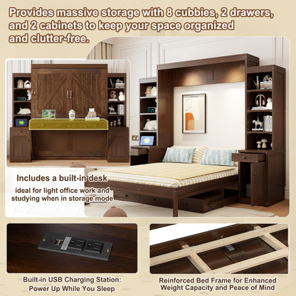 Merax Queen Size Murphy Bed with Desk and LED Lights, Power Outlet, Foldable Murphy Cabinet Bed with Open Storage Shelves & Drawers, Wood Space-Saving Hidden Wall Bed for Guest Room, Dark-Brown