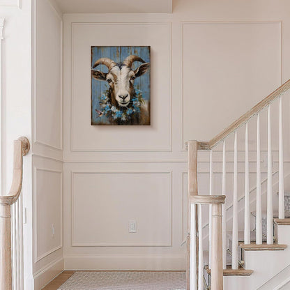 Ooeiiiy Farmhouse Goat Canvas Wall Art, Cute Goat With Flower Wall Decor Poster Prints Framed Artwork 12''X16''