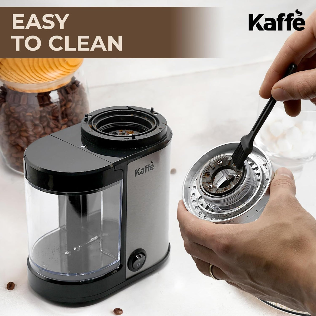Kaffe Electric Burr Coffee Grinder (5.5oz) with Adjustable Coarseness Settings, Precision Coffee Bean Grinder (Silver)