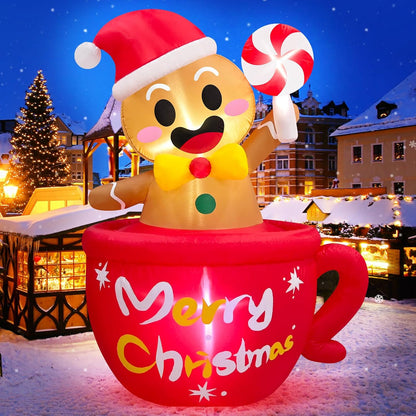 6 FT Tall Christmas Inflatables Outdoor Decoration Gingerbread Man Hot Chocolate, Built in LEDs Funny Inflatable Ginger