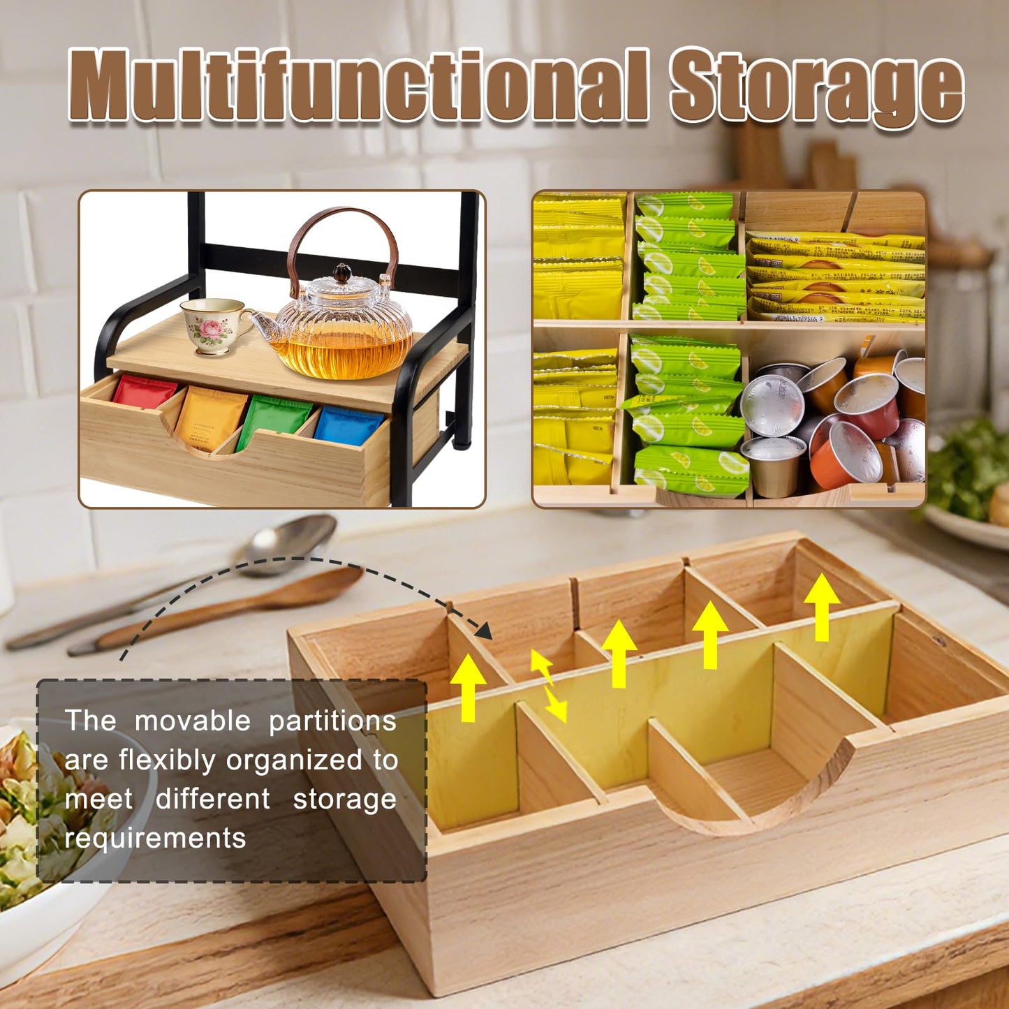 Tea Bag Organizer with Adjustable Drawer, Tea Organizers and Storage with 3 Hooks, Wood & Metal Tea Bag Holder, Tea Box Organizer for Countertop Tea Station, Tea Storage Organizer