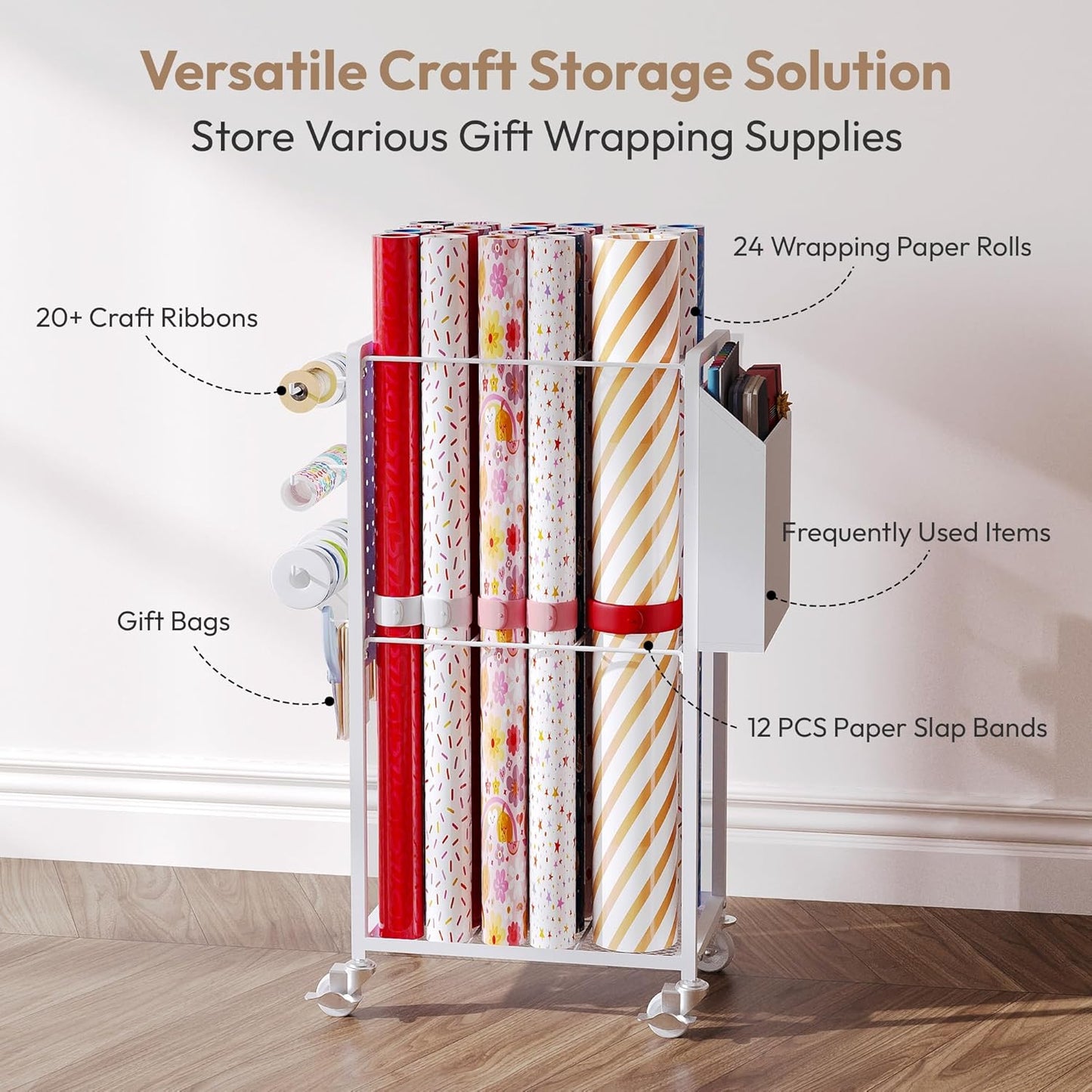 Skiennix Gift Wrapping Station - 12PCS Slap Bands & Rolling Organizer Cart for Christmas Crafts