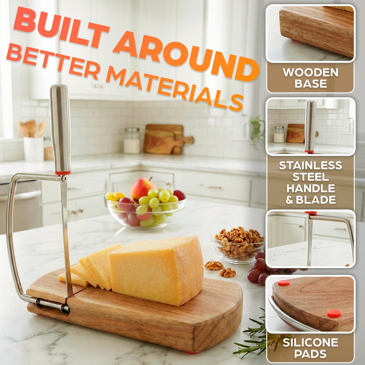 Manual Cheese Slicer for Block Cheese with Stainless Steel Blade & Locking Design - Multipurpose Wood Cheese Cutter Board 8.35x9.17x0.94 in for Slicing Butter, Vegetables, Fruits, Snacks & Deli Foods
