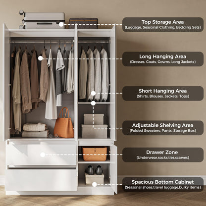 IRONCK 47.2" Armoire Wardrobe Closet with Drawers, White Armoire with Hanging Rods & DIY Adjustable Shelves, Modern Wardrobe with Soft-Close Hinges, Freestanding Closet for Bedroom