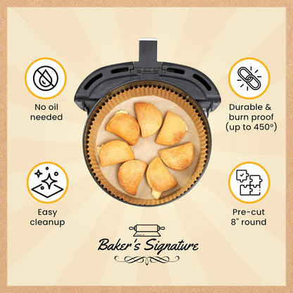 Baker's Signature Air Fryer Liners - 125 Pcs Round Non-Stick Disposable Paper | 8 Inch for 5-8 Qt Baskets