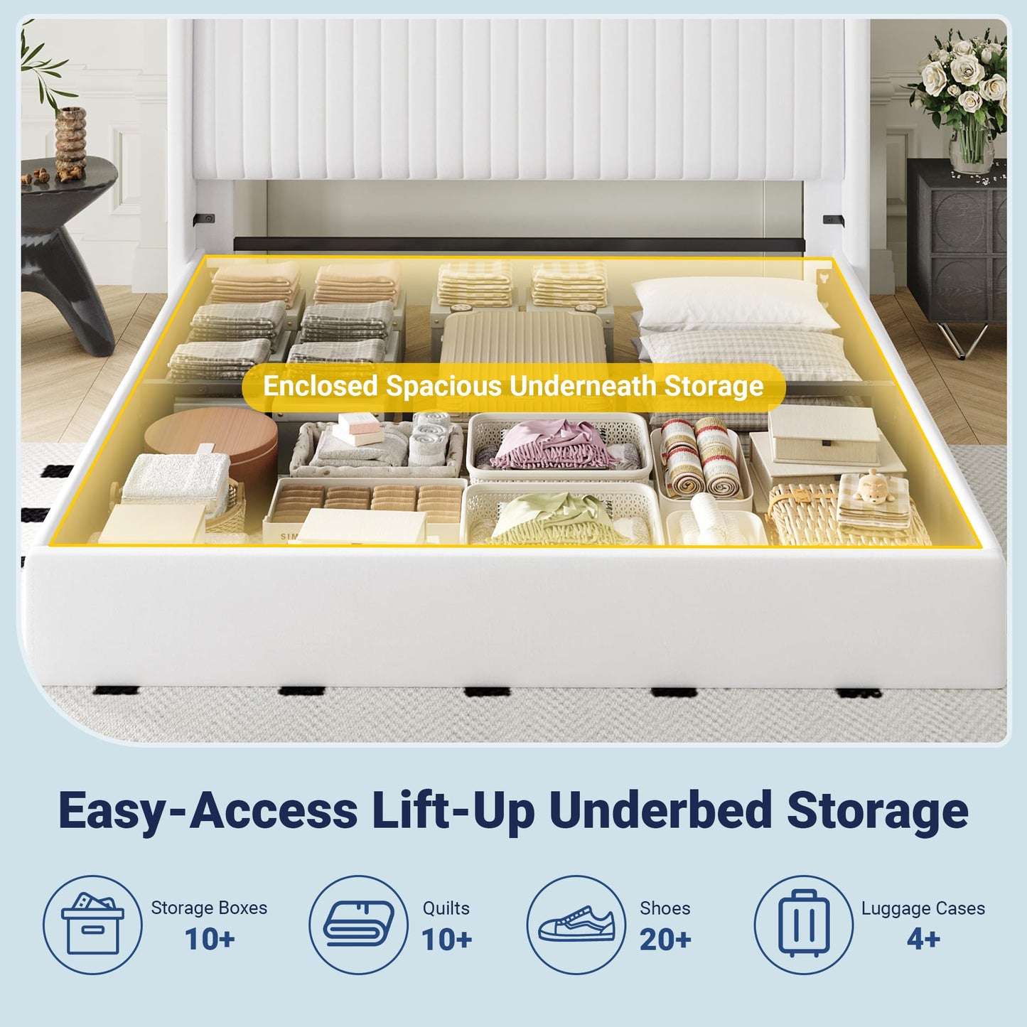Allewie King Size Lift Up Storage Bed Frame, Hydraulic Support System, Upholstered Platform Bed Frame, Underneath Storage, Vertical Channel Tufted Headboard with Wingback, No Box Spring Needed, White
