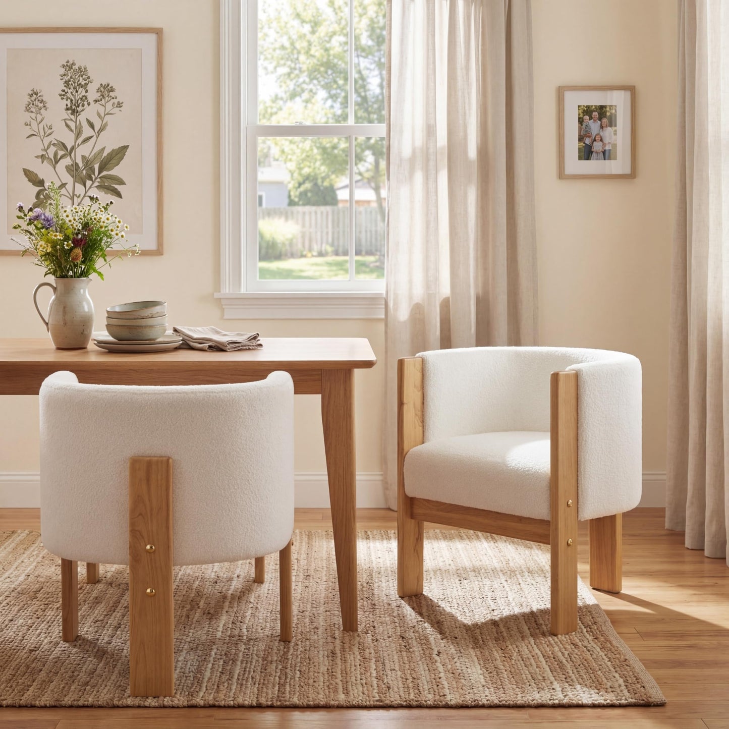 Christopher Knight Home Annie Modern Boucle Upholstered Dining Chairs Set of 2, Wooden Dining Room Armchair, Curved Backrest Kitchen Chairs, Living Room Accent Chair for Extra Seat, Natural + White