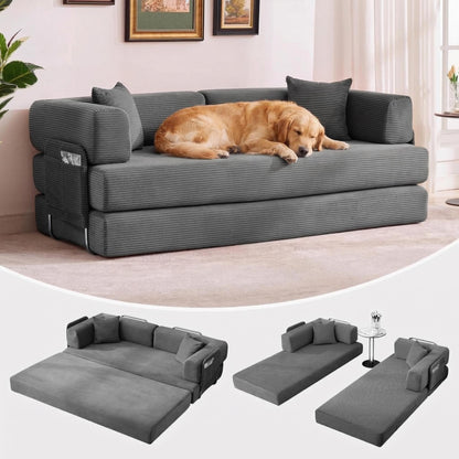 IDEALHOUSE Convertible Sofa Bed 5-in-1, 78.8 Inch Folding Futon Couch with Pull Out Bed, Corduroy Upholstered No-Assembly Loveseat Sleeper for Living Room, Bedroom, Lounge, Grey
