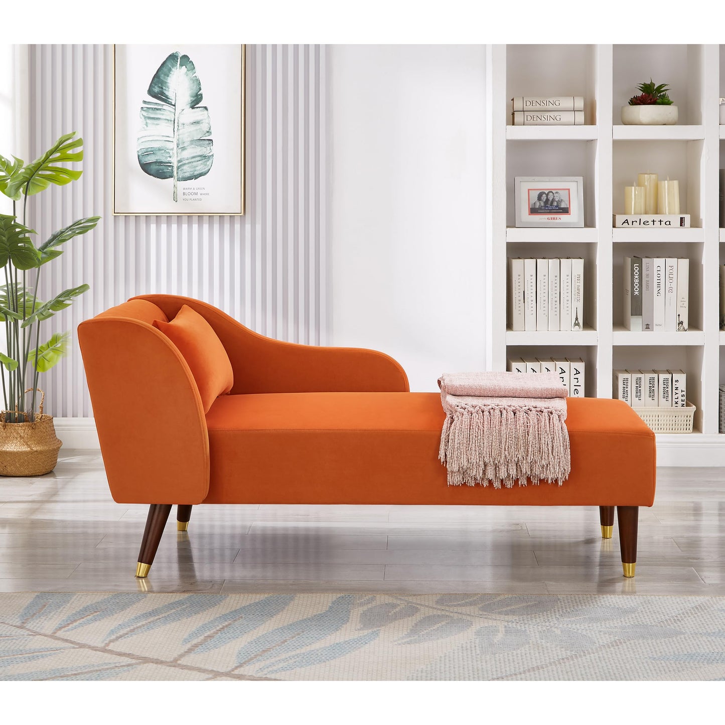 GDFStudio Upholstered Chaise Lounge Chair Indoor, Modern Velvet Recliner Lounge Chair with Removable Pillows, Gold Wood Legs, Backrest & Armrest, Reading Chaise Chair for Living Room Bedroom, Orange