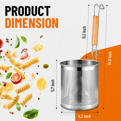 NSDXK 2 Pack Pasta Basket, Stainless Steel Mesh Noodle Strainer Basket with Wooden Handle, for Boiling Food, Pasta, Noodles, Dumpling, Ramen, 4.3''D x 5.7''H