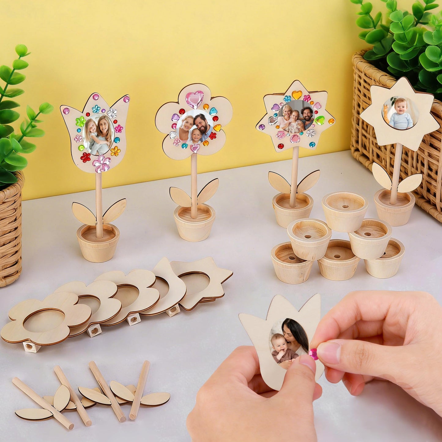 14 Sets DIY Paintable Wood Flowers Photo Holders, Mother's Day Crafts Wooden Flower Picture Frames, Spring Flower Pot Unfinished Wood Ornament with Gems Stickers for Painting Mothers Day Birthday Gift