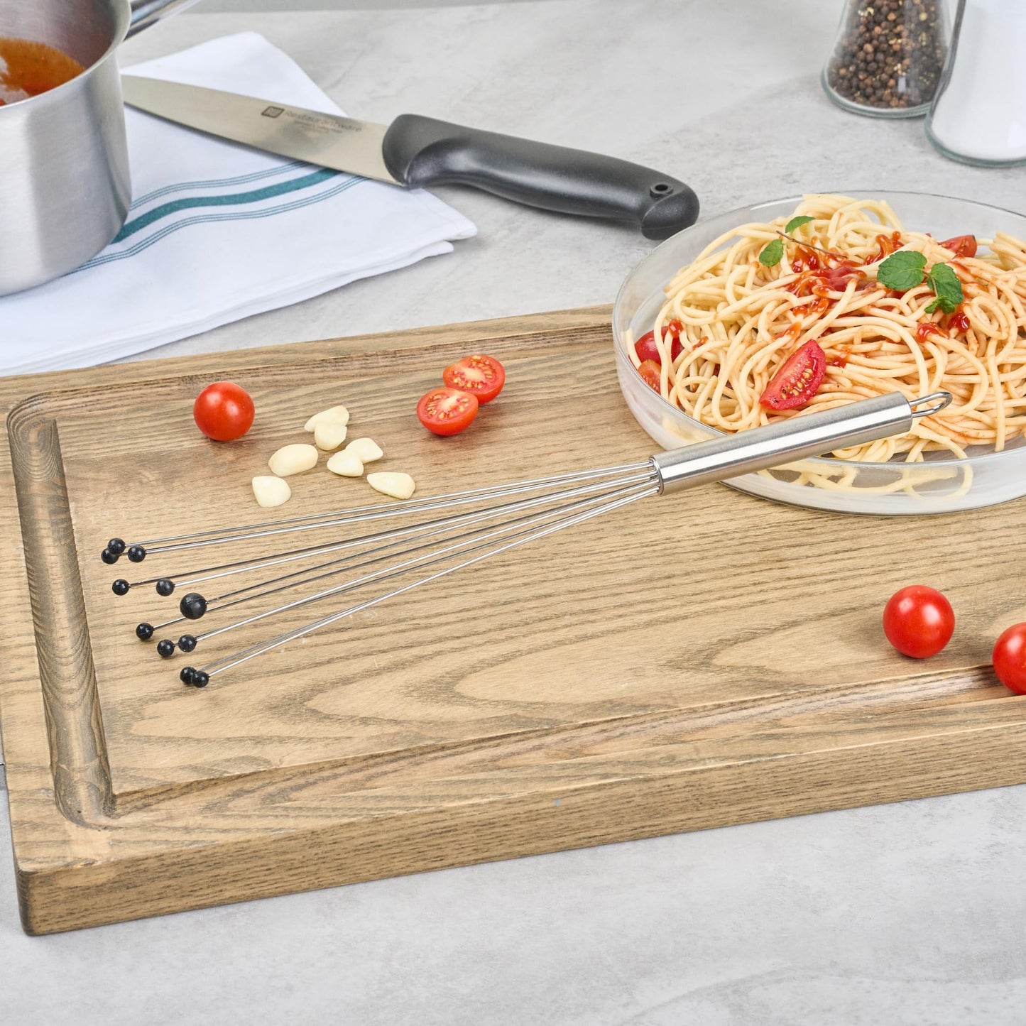Restaurantware 12.5 in Stainless Steel Ball Whisk with Silicone Tips - German Standard Sauce & Gravy Whisk, Non-Scratch, Dishwasher Safe - Non-Stick Silicone Ball Whisk for Baking