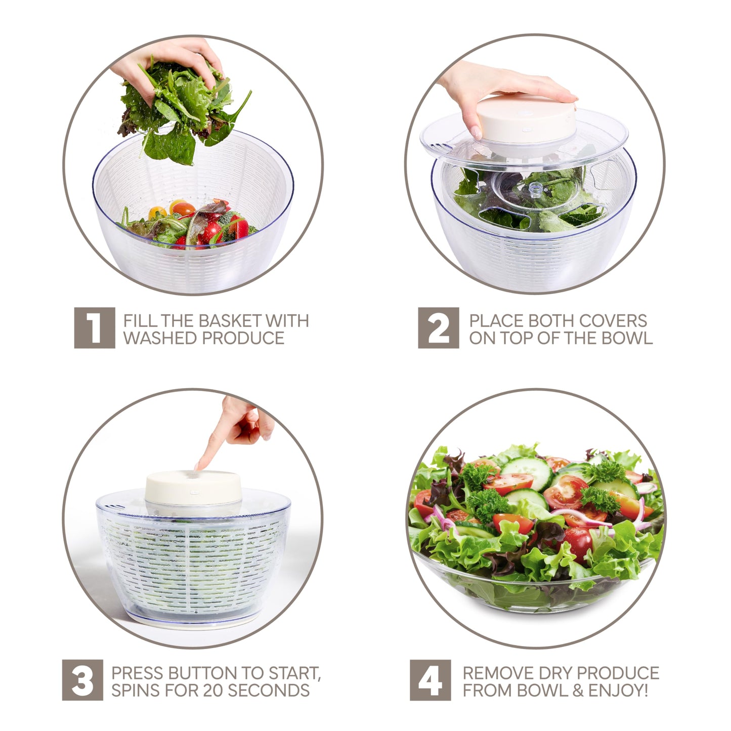 COOK WITH COLOR Electric Salad Spinner, Round 4.5L Capacity – Fast Drying & Easy Spin for Fresh Greens, Cream