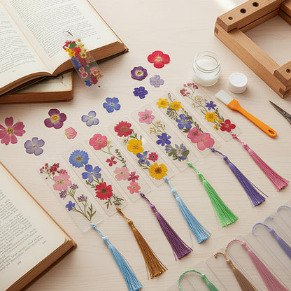 Eaasty 190 Pcs Pressed Flower Bookmark Making Kit, 24 Clear Acrylic Bookmarks with Tassels 140 Dried Floral with Adhesive Tools for Scrapbooking DIY Craft Gifts(Rustic)