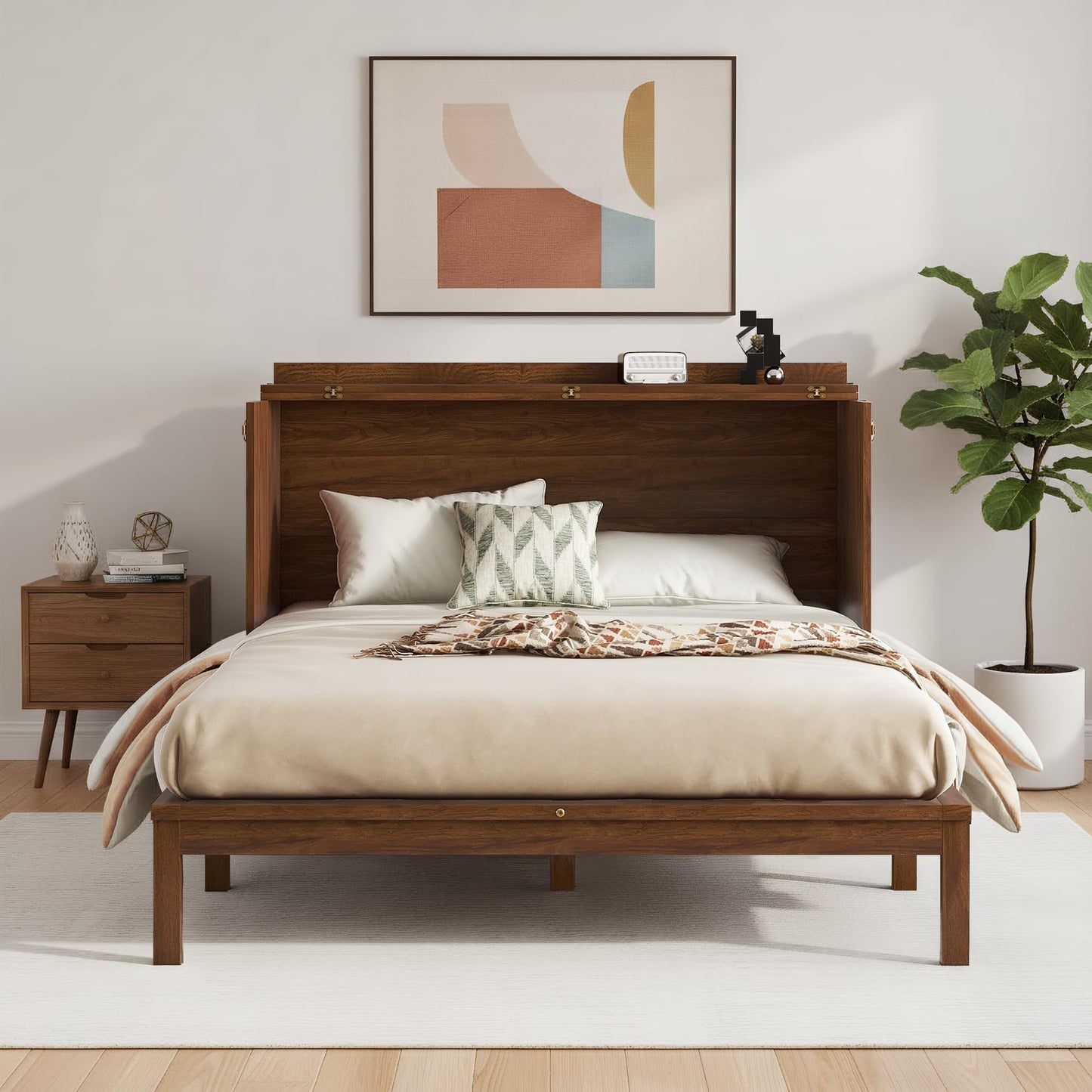 DNYN Queen Size Murphy Bed Cabinet with Large Drawer and and Built-in Charging Station for Guest/Study Room/Home Office, Space-Saving Rattan Decoration Foldable Wall Bed Frame, No Box Spring Needed