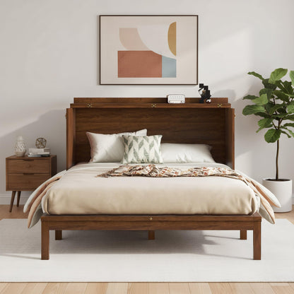 DNYN Queen Size Murphy Bed Cabinet with Large Drawer and and Built-in Charging Station for Guest/Study Room/Home Office, Space-Saving Rattan Decoration Foldable Wall Bed Frame, No Box Spring Needed