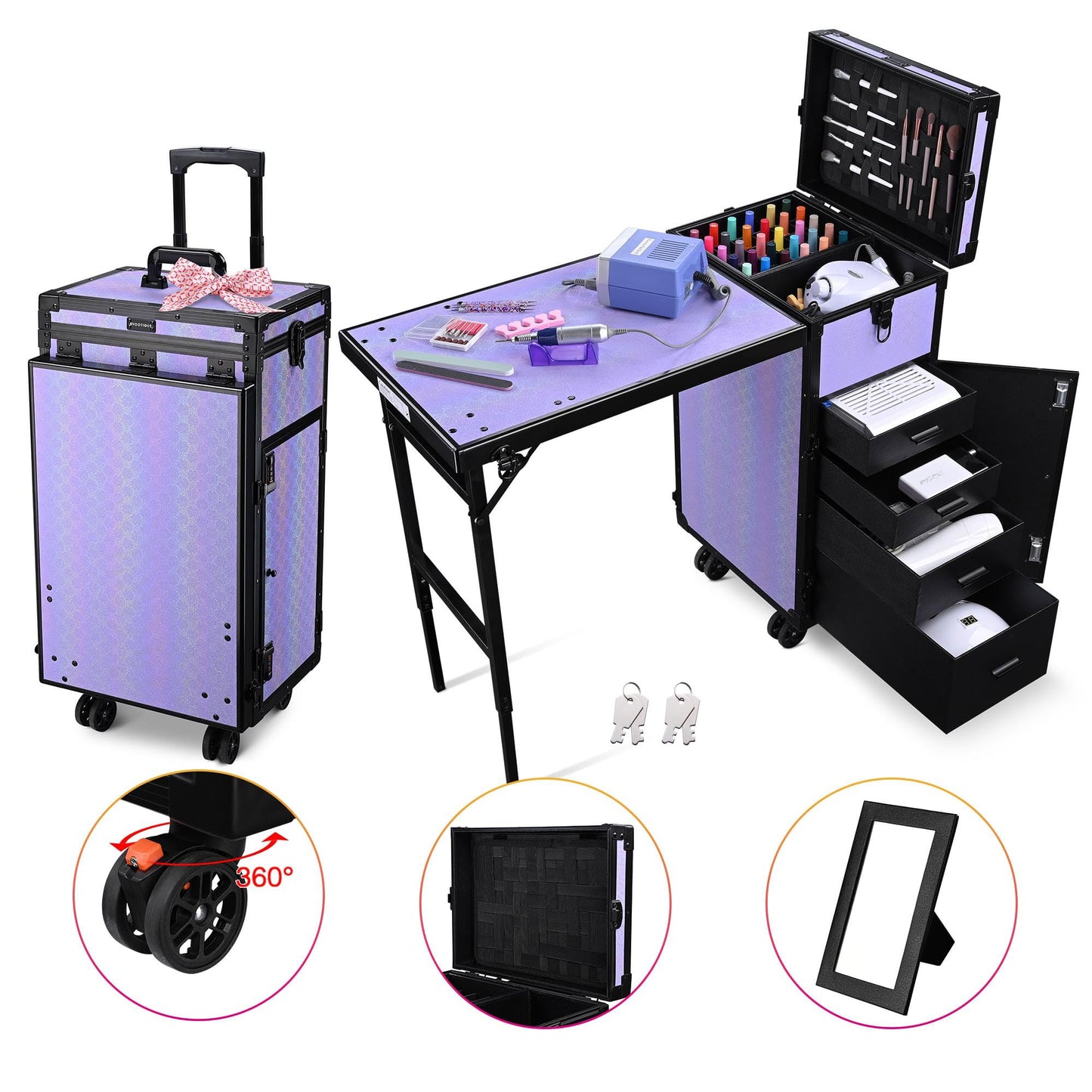 BYOOTIQUE Portable Nail Table with Storage Rolling Makeup Case with Drawers Traveling Manicure Table for Manicurist Nail Teach Makeup Artist Hairstylist Barbershop Beauty Salon, ForgetMeNot Purple