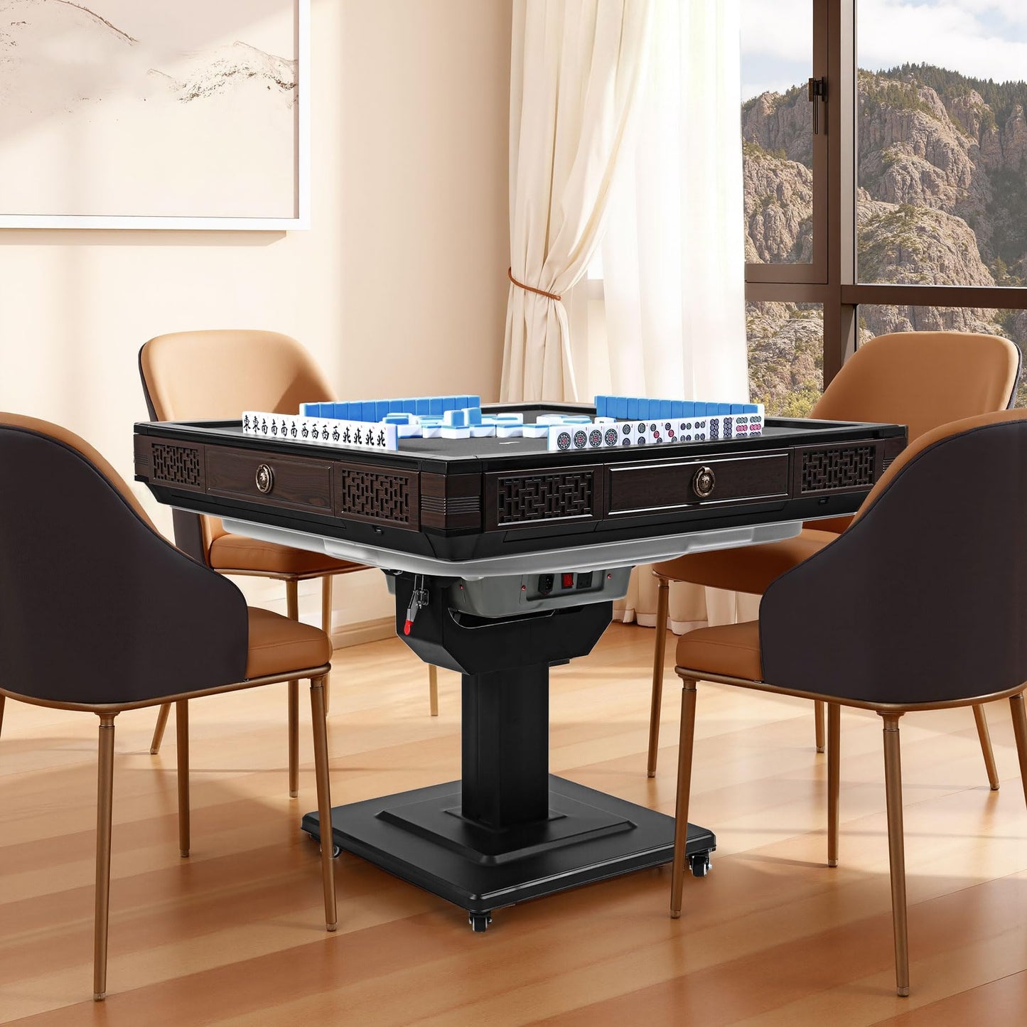 HomeMiYN Automatic Mahjong Table for American Chinese Filipino Style, Foldable Electronic Mahjong Table Shuffler with Wheels, 2 Sets of 42mm Magnetic Tiles, 152 Tiles Total, Roller Coaster Style
