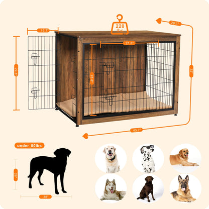 DWANTON Dog Crate Furniture with Cushion, Wooden Kennel Table with Double Doors, Indoor Dog House, Extra Large, 43.3" L, Warm Brown